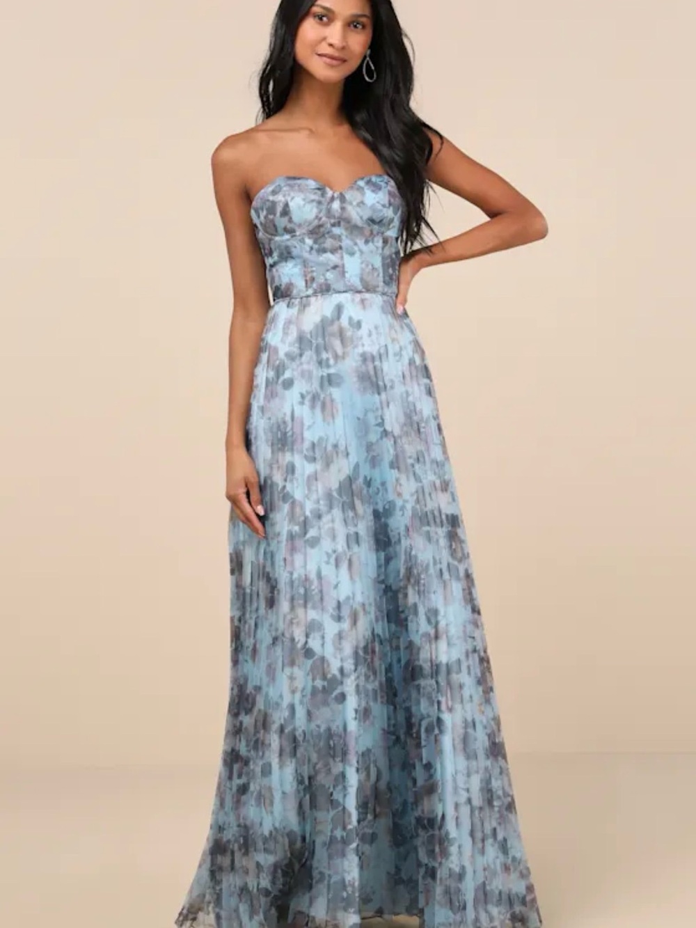 Most Beautiful Day Strapless Blue Floral Pleated Organza Maxi Dress